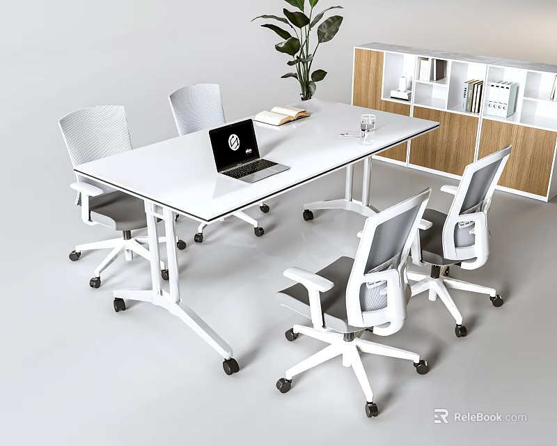 White Conference Table with Chairs Laptop Book Glass and Green Plant Wooden Shelf 3d model